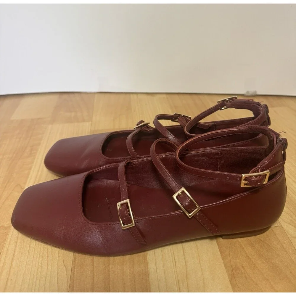 Quince Italian Leather Strappy Ballet Flat Shoes Size 7 Merlot